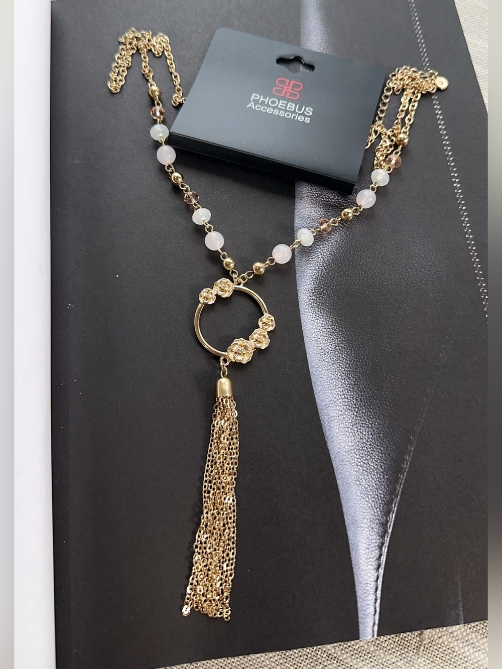 Gold Tassel Pendant Necklace with White Beads